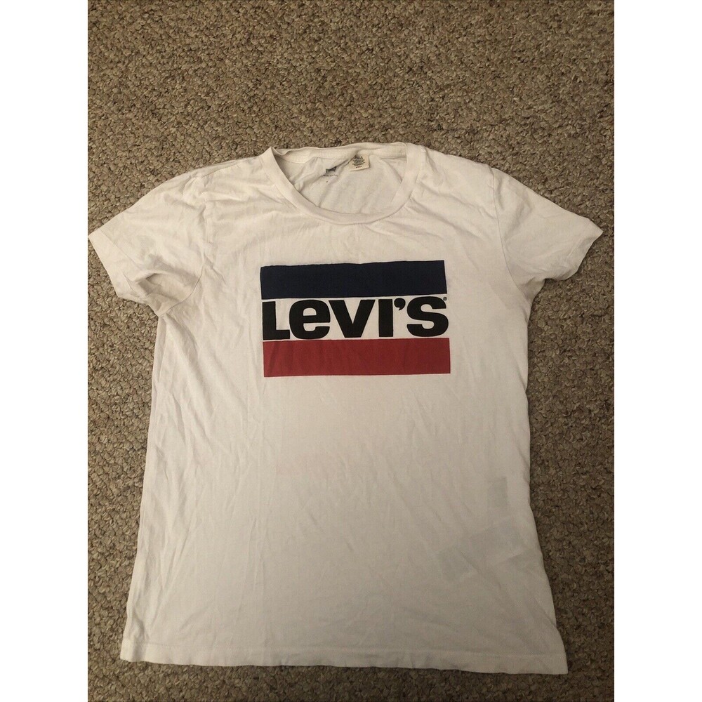 VTG‎ Levi's White Adult Size Small Casual T-Shirt Graphic Print Logo Red Blue